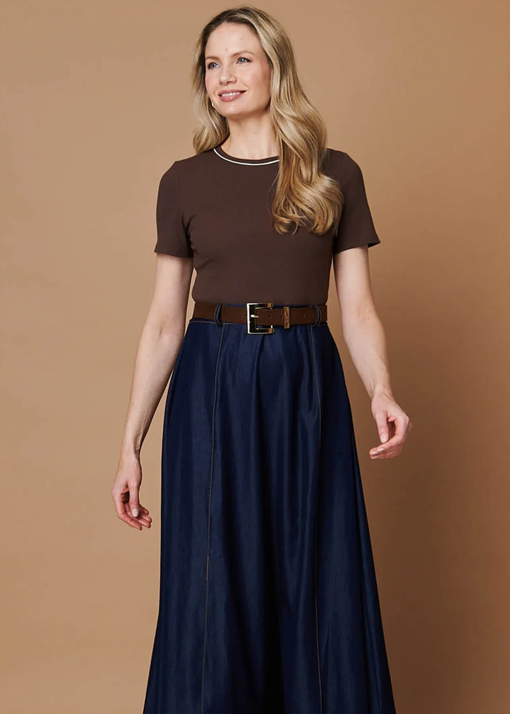 Izabel London Chocolate Removable Belt Denim Skirt Midi Dress - 12 Image 2