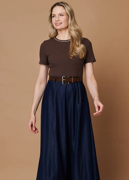 Izabel London Chocolate Removable Belt Denim Skirt Midi Dress - 12 Image 2