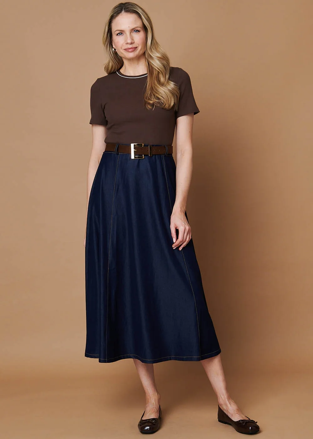 Izabel London Chocolate Removable Belt Denim Skirt Midi Dress - 12 Image 1