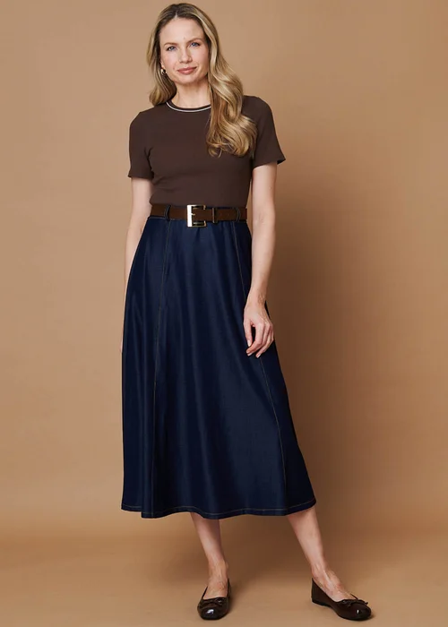 Izabel London Chocolate Removable Belt Denim Skirt Midi Dress - 12 Image 1