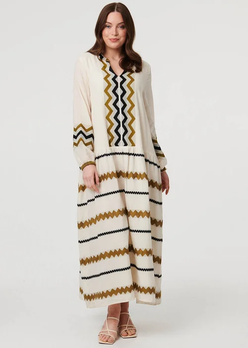 Izabel London Multi Brown Zigzag Print Long Sleeve Maxi Dress - 14 Image 1