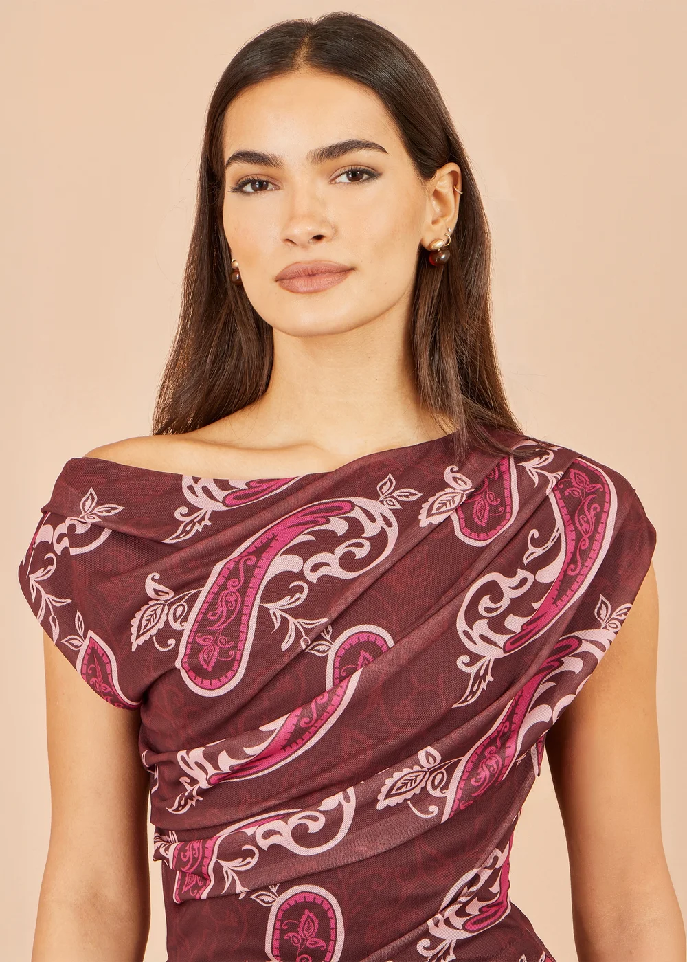 Yumi Brown Paisley Mesh Ruched Midi Dress - 12 Image 5