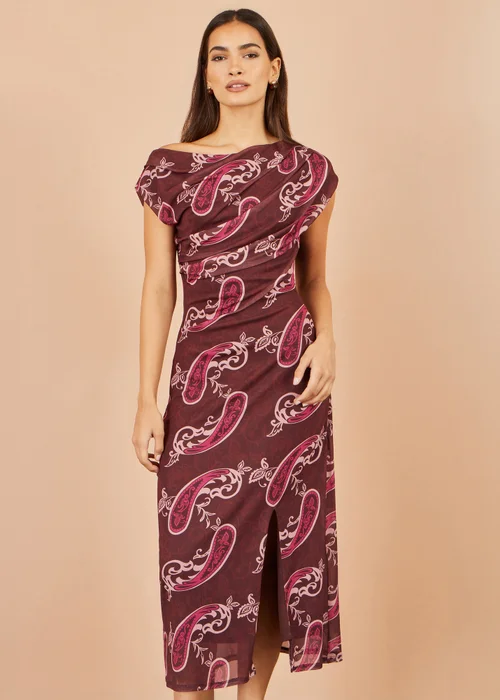 Yumi Brown Paisley Mesh Ruched Midi Dress - 12 Image 1