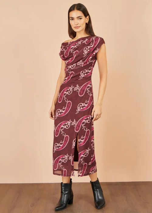 Yumi Brown Paisley Mesh Ruched Midi Dress - 12 Image 3