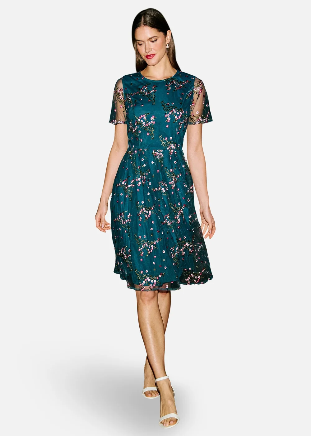 Yumi Teal Embroidered Floral Mesh Prom Dress - 18 Image 1