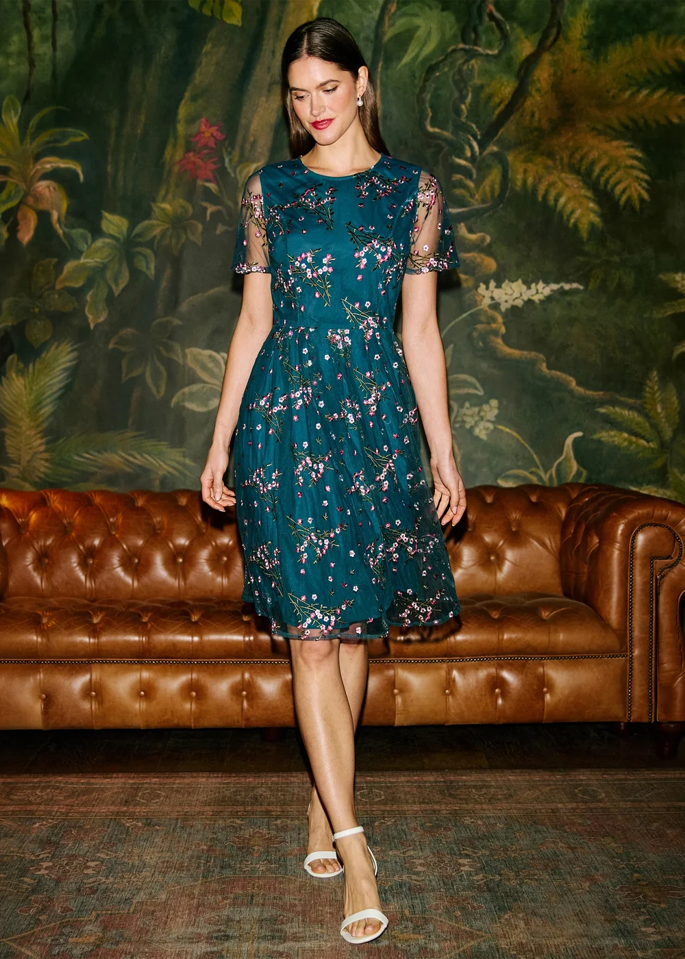 Yumi Teal Embroidered Floral Mesh Prom Dress - 18 Image 1