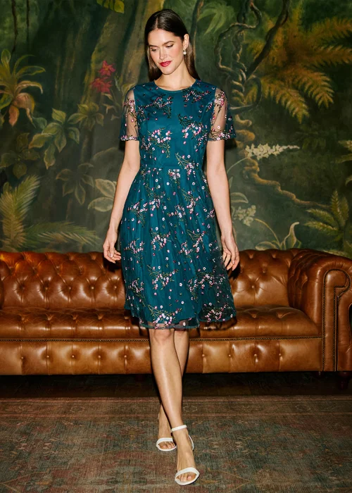 Yumi Teal Embroidered Floral Mesh Prom Dress - 18 Image 1