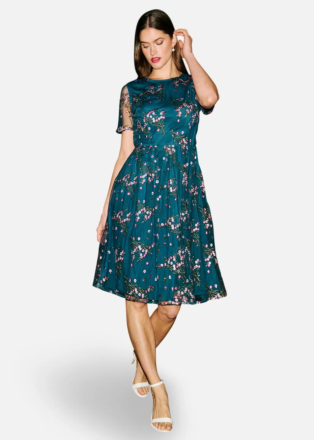 Yumi Teal Embroidered Floral Mesh Prom Dress - 18 Image 2
