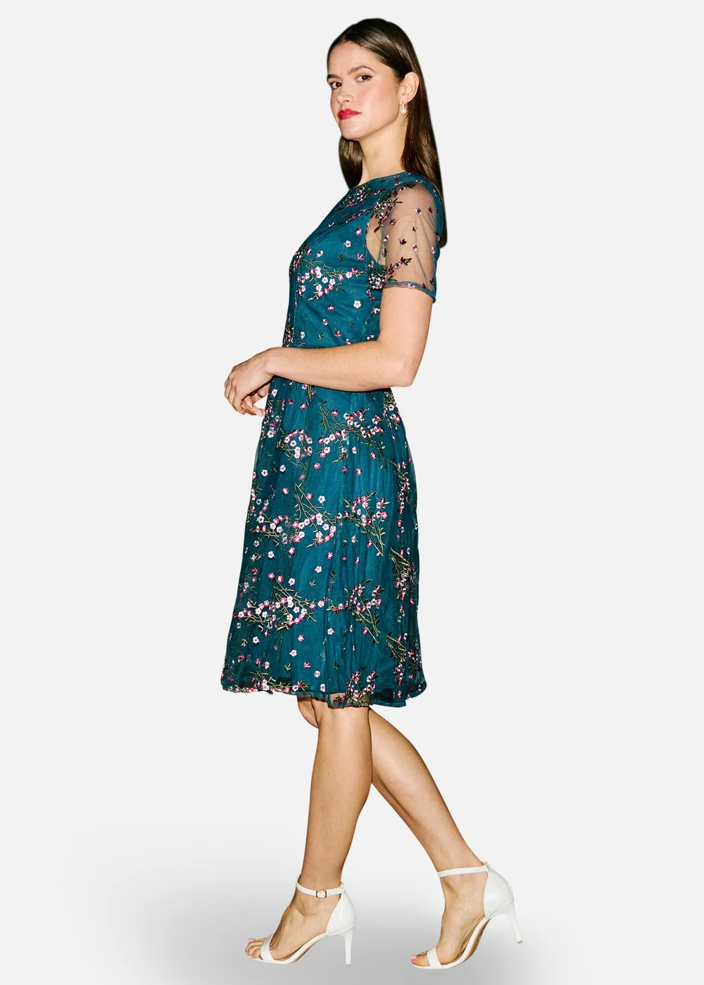 Yumi Teal Embroidered Floral Mesh Prom Dress - 18 Image 4