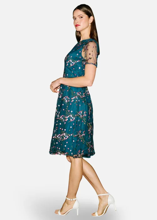 Yumi Teal Embroidered Floral Mesh Prom Dress - 18 Image 4