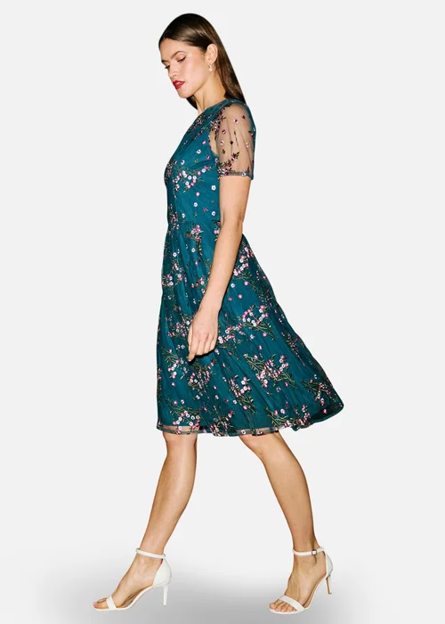 Yumi Teal Embroidered Floral Mesh Prom Dress - 18 Image 3