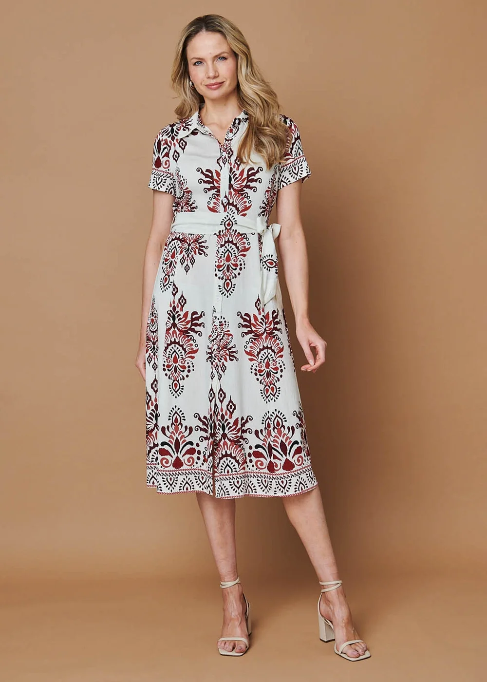 Izabel London Red Border Print Short Sleeve Midi Dress - 10 Image 1