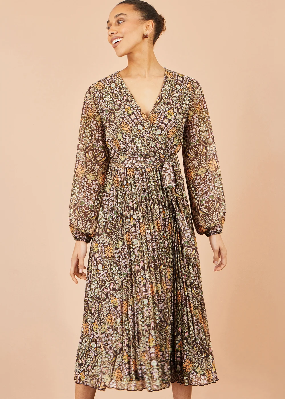 Yumi Brown Ditsy Floral Pleated Midi Dress - 12 Image 1