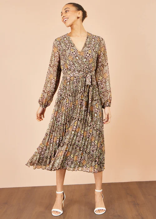 Yumi Brown Ditsy Floral Pleated Midi Dress - 12 Image 3