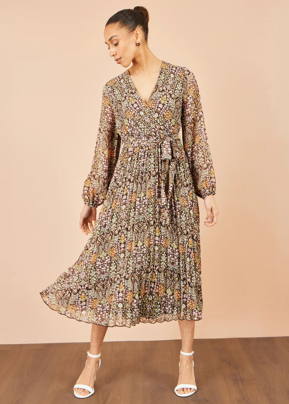 Yumi Brown Ditsy Floral Pleated Midi Dress - 12 Image 2