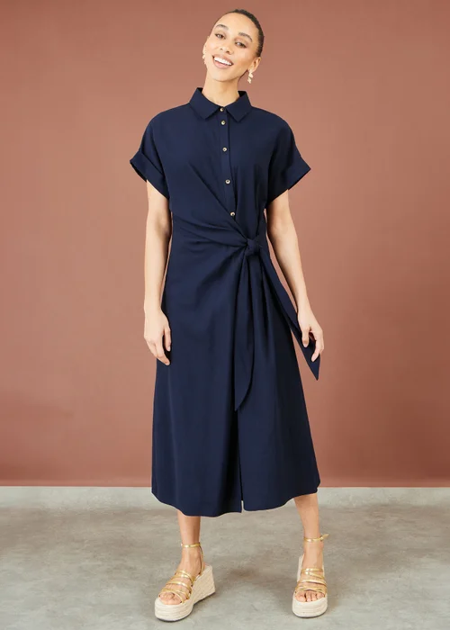 Yumi Navy Wrap Tie Midi Shirt Dress - 8 Image 3