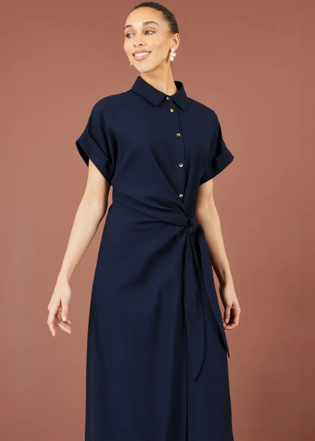 Yumi Navy Wrap Tie Midi Shirt Dress