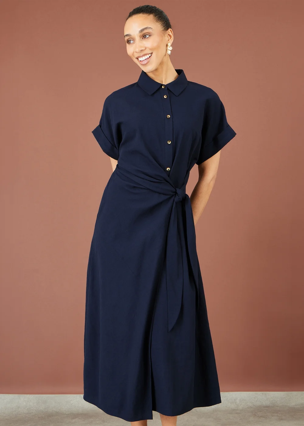 Yumi Navy Wrap Tie Midi Shirt Dress - 8 Image 1