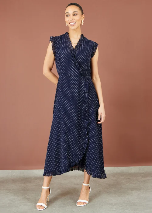 Yumi Navy Polka Dot Midi Wrap Frill Dress - 12 Image 3