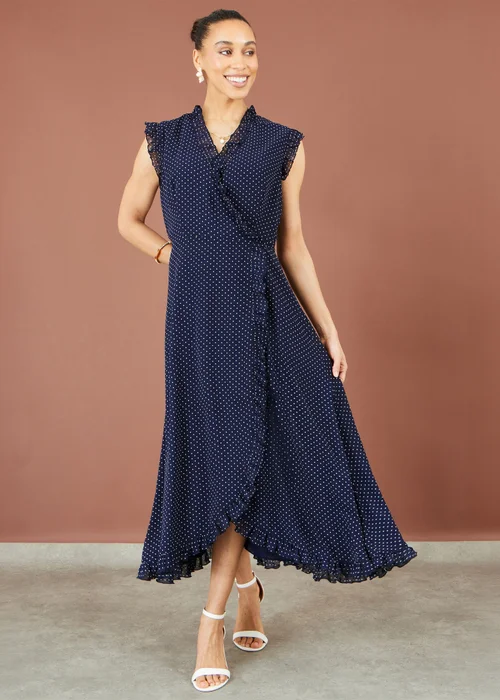 Yumi Navy Polka Dot Midi Wrap Frill Dress - 12 Image 2