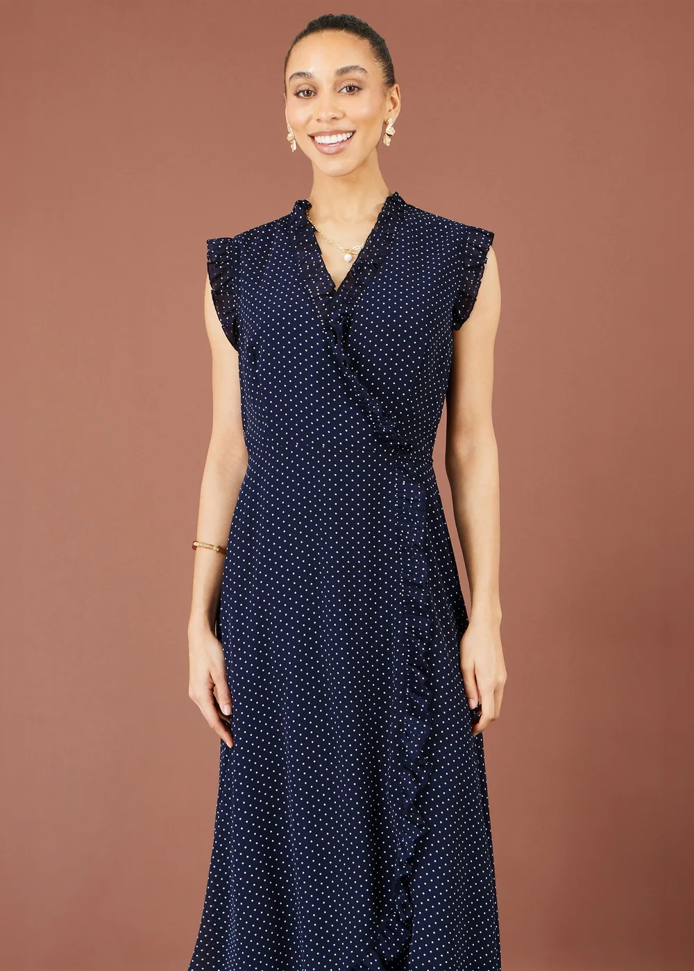 Yumi Navy Polka Dot Midi Wrap Frill Dress - 12 Image 1