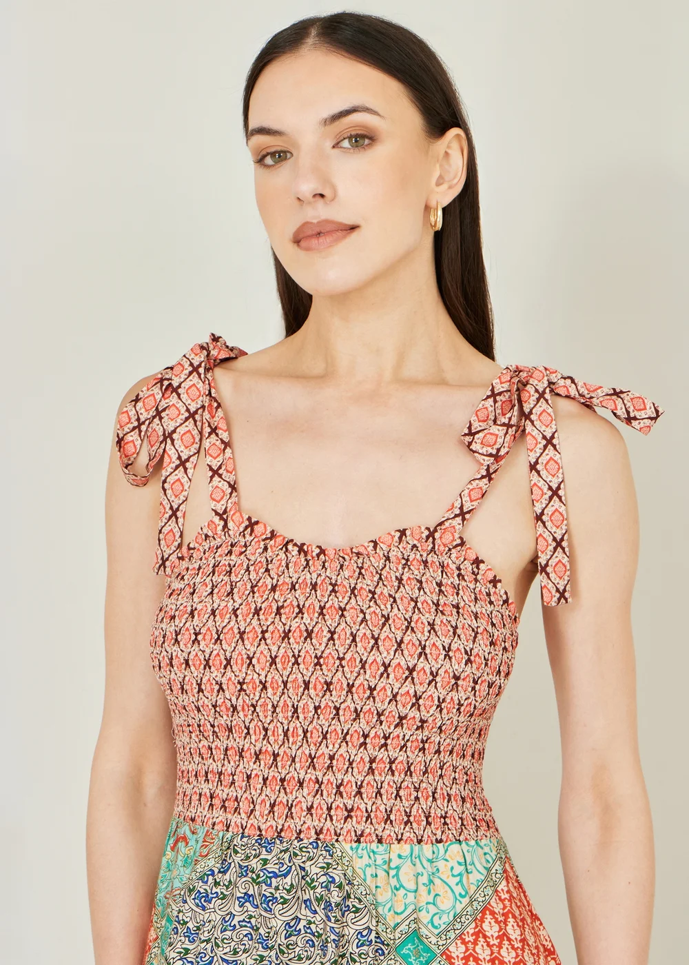 Yumi Multicolour Viscose Patchwork Ruched Smocked Maxi Sundress - M Image 4