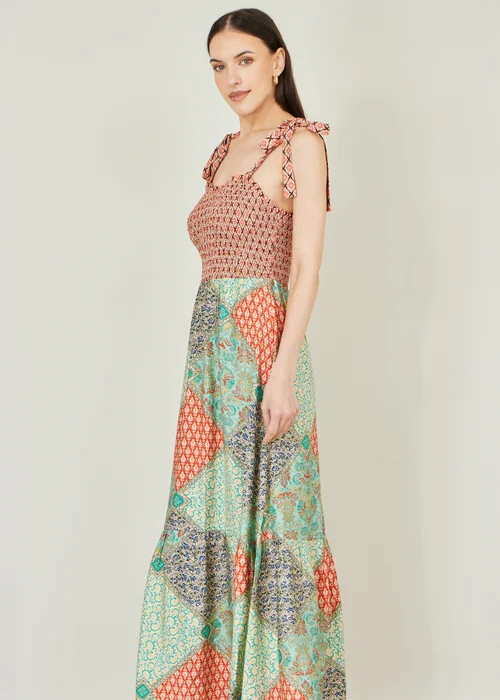 Yumi Multicolour Viscose Patchwork Ruched Smocked Maxi Sundress - M Image 2