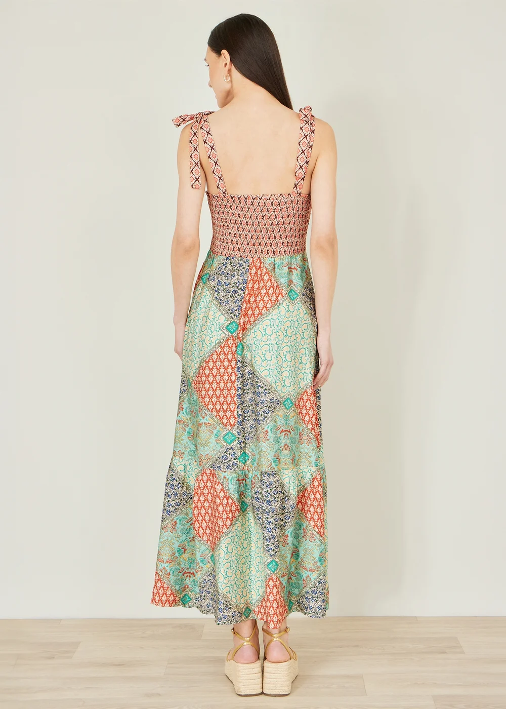 Yumi Multicolour Viscose Patchwork Ruched Smocked Maxi Sundress - M Image 3