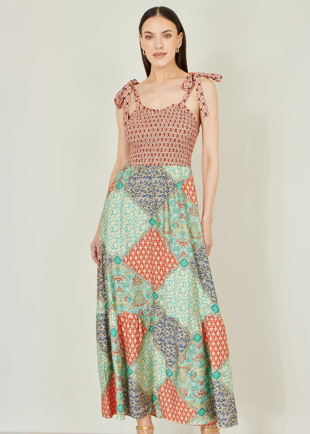 Yumi Multicolour Viscose Patchwork Ruched Smocked Maxi Sundress - M Image 1