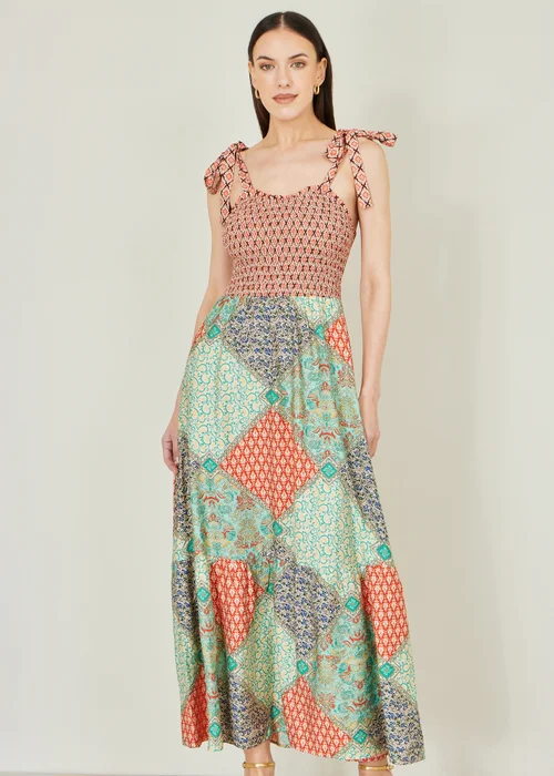 Yumi Multicolour Viscose Patchwork Ruched Smocked Maxi Sundress - M Image 1