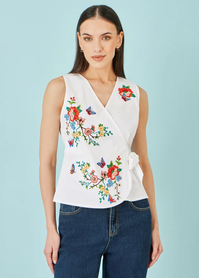 Yumi White Stretch Cotton Embroidered Wrap Top