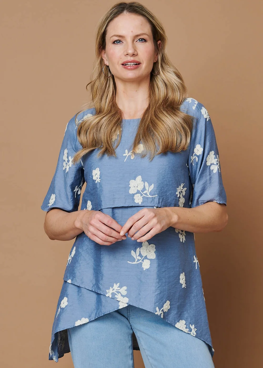 Izabel London Blue Floral Asymmetric Layered Tunic Blouse - 16 Image 2