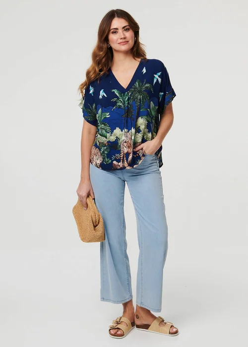 Izabel London Navy Tropical Print Short Sleeve Relaxed Top - 8 Image 2