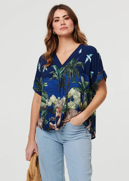 Izabel London Navy Tropical Print Short Sleeve Relaxed Top - 8 Image 1