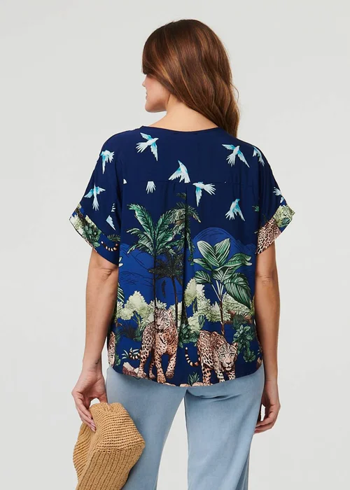 Izabel London Navy Tropical Print Short Sleeve Relaxed Top - 8 Image 3