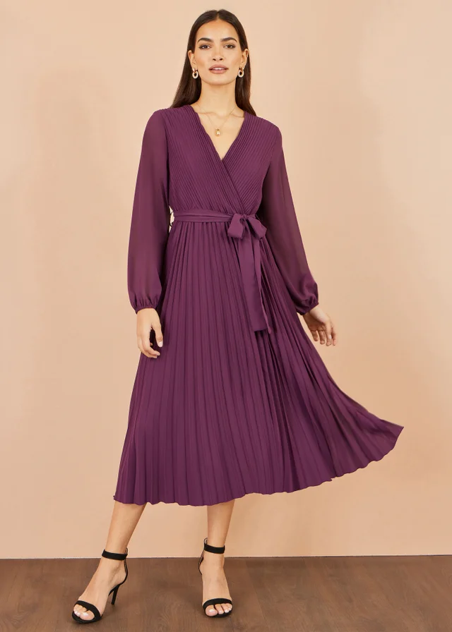 Yumi Purple Pleated Wrap Midi Dress