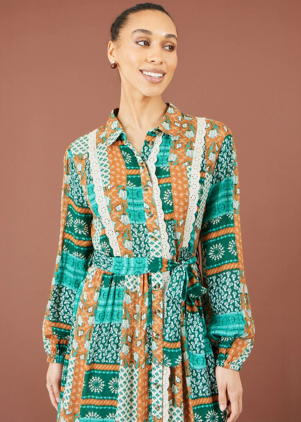 Yumi Multicolour Patchwork Viscose Midi Shirt Dress - 16 Image 4