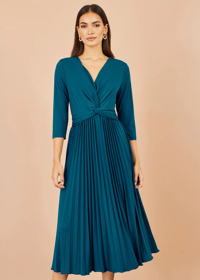 Yumi Teal Stretch Wrap Pleated Midi Dress