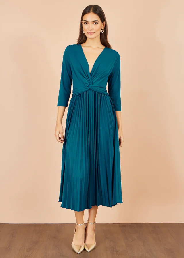Yumi Teal Stretch Wrap Pleated Midi Dress