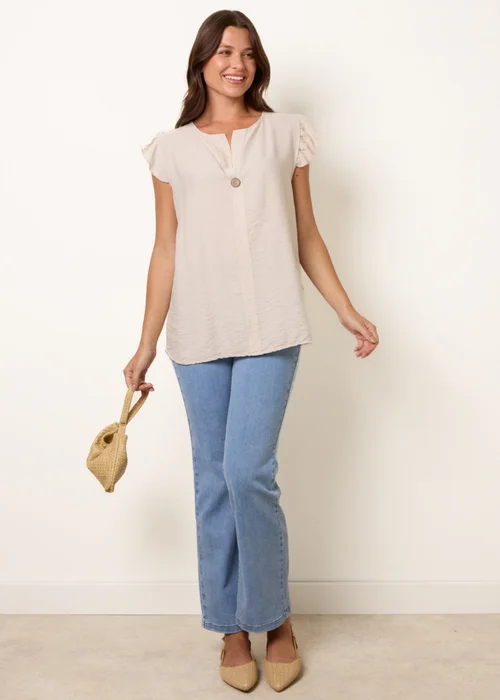 Blue Vanilla Stone One Button Frill Sleeve Top - One Size Image 2