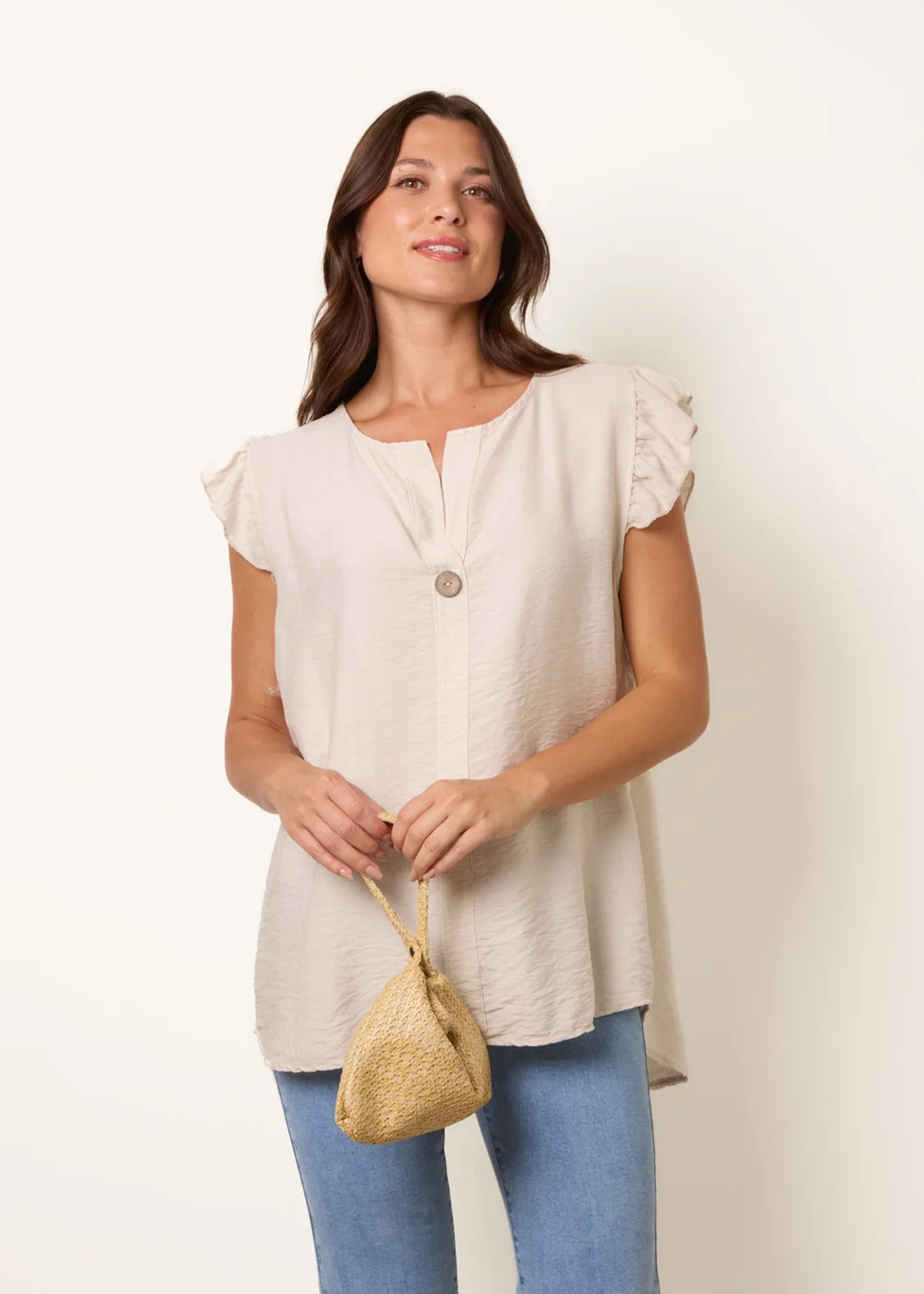 Blue Vanilla Stone One Button Frill Sleeve Top - One Size Image 1