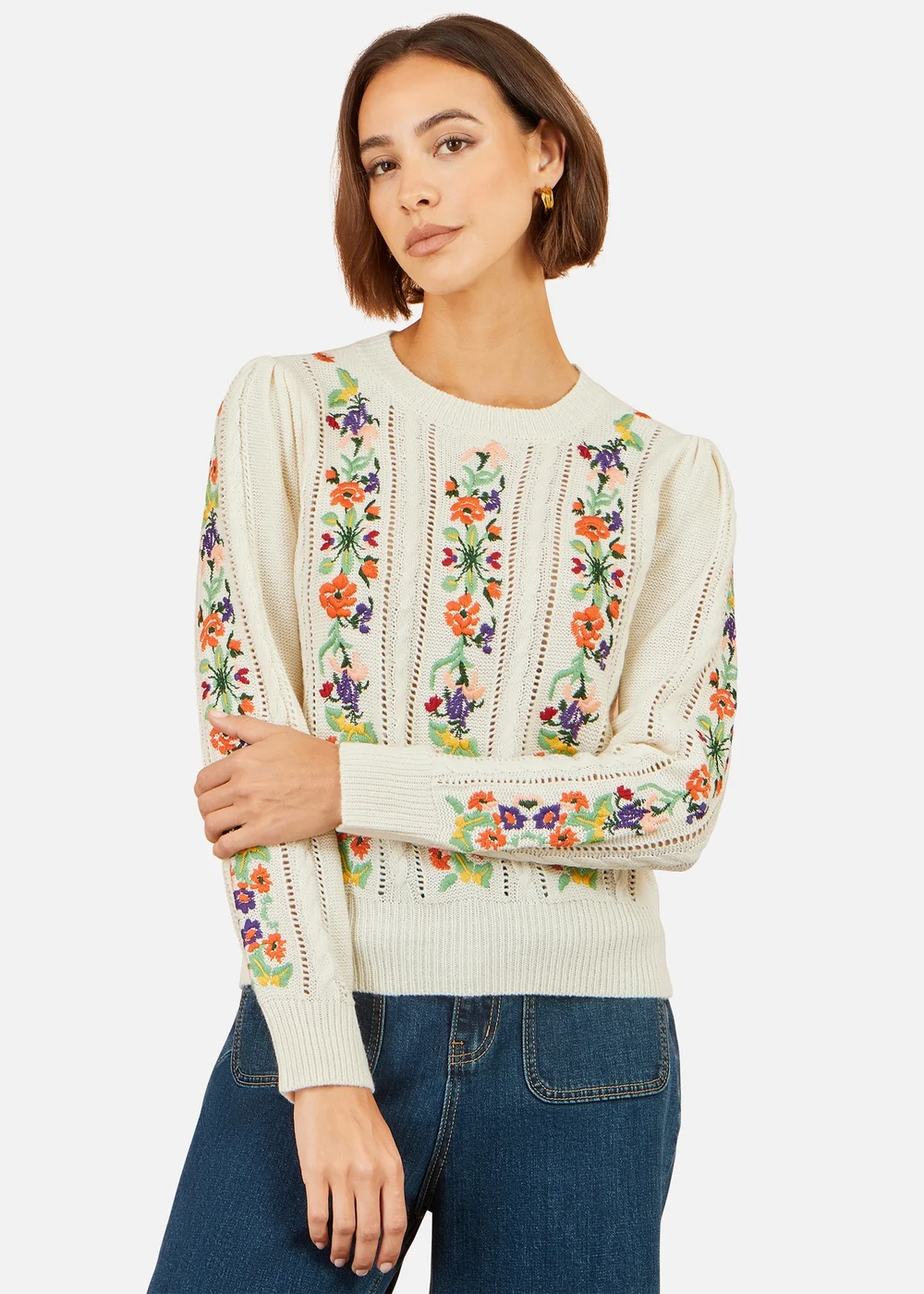 Yumi Floral Embroidery Cable Jumper - L Image 1