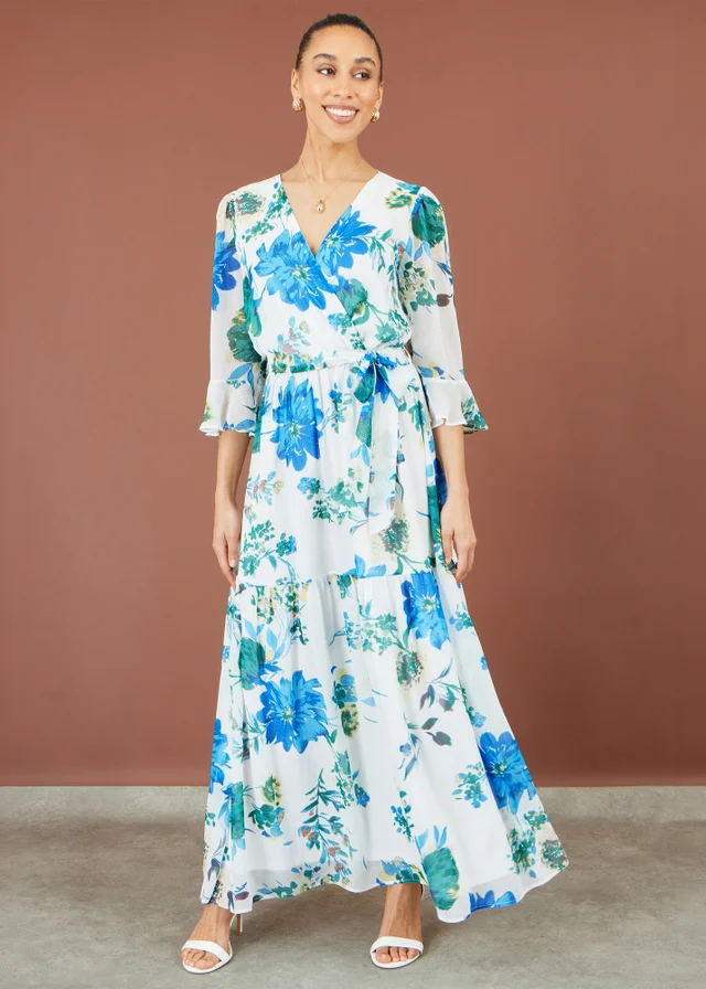 Yumi White Floral Maxi Wrap Dress