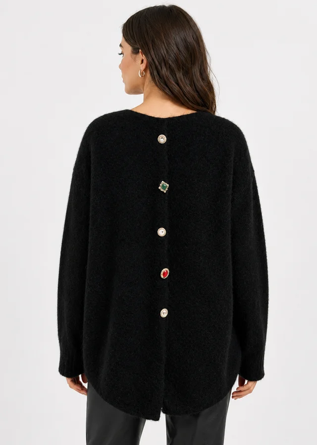 Gini London Black Long Sleeves Jewelled Back Knit Jumper