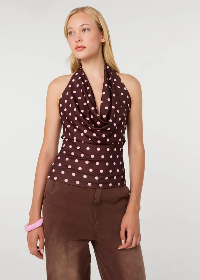 Pink Vanilla Brown Polka Dot Cowl Neck Top