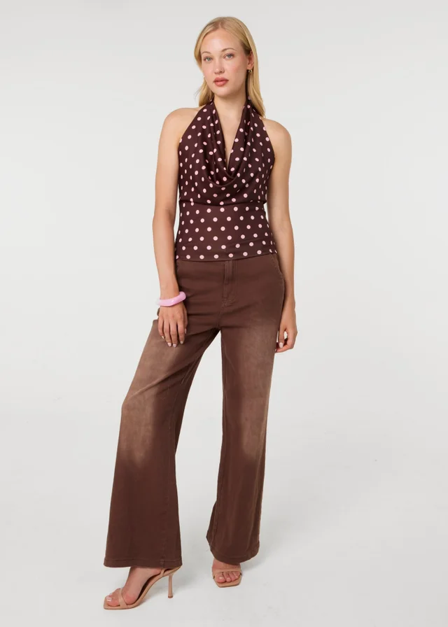 Pink Vanilla Brown Polka Dot Cowl Neck Top