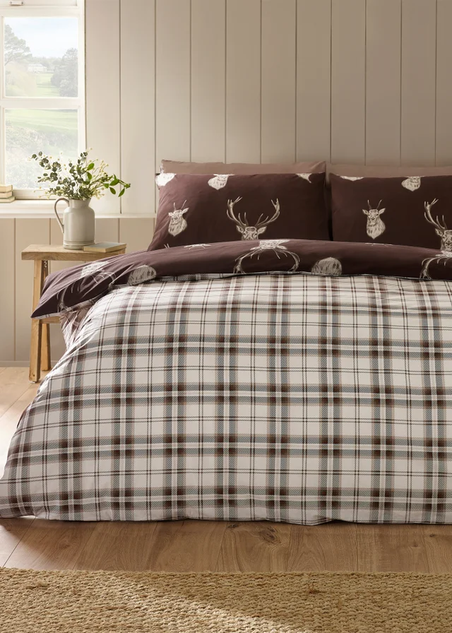 Catherine Lansfield Stag Check Reversible Duvet Cover Set Chocolate