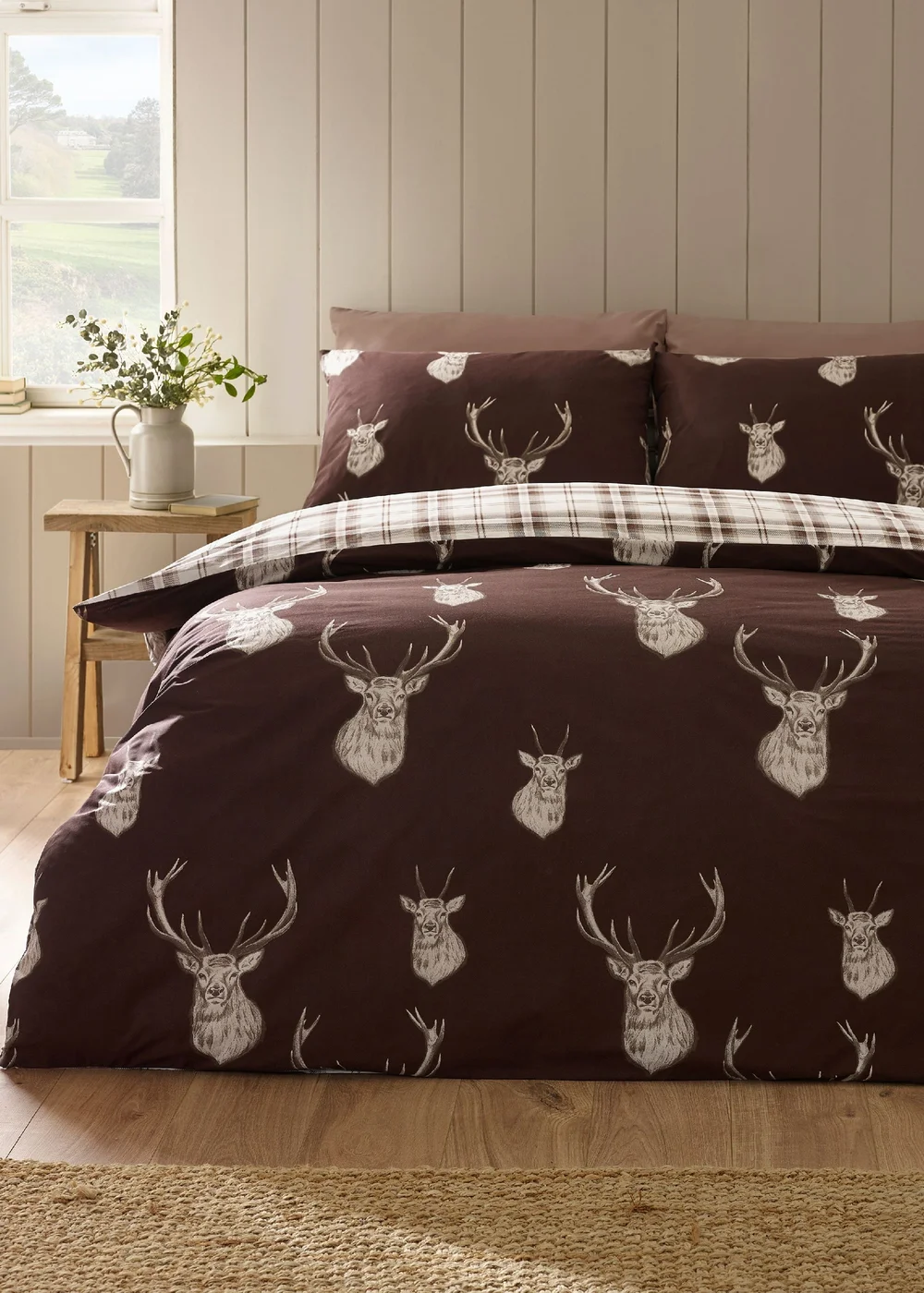 Catherine Lansfield Stag Check Reversible Duvet Cover Set Chocolate - Single Image 1