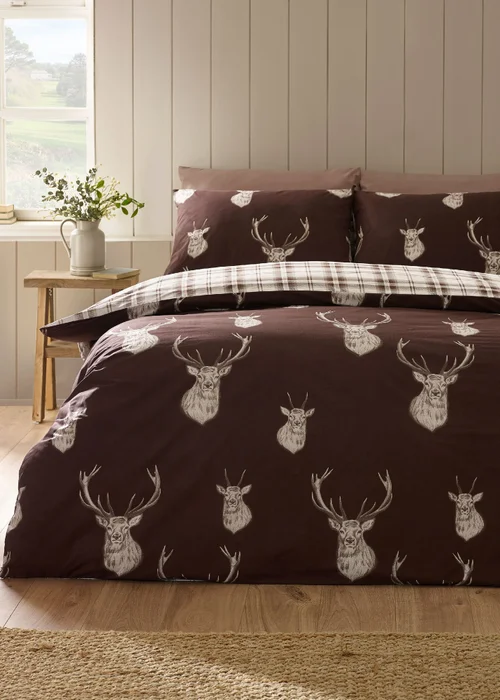 Catherine Lansfield Stag Check Reversible Duvet Cover Set Chocolate - Single Image 1