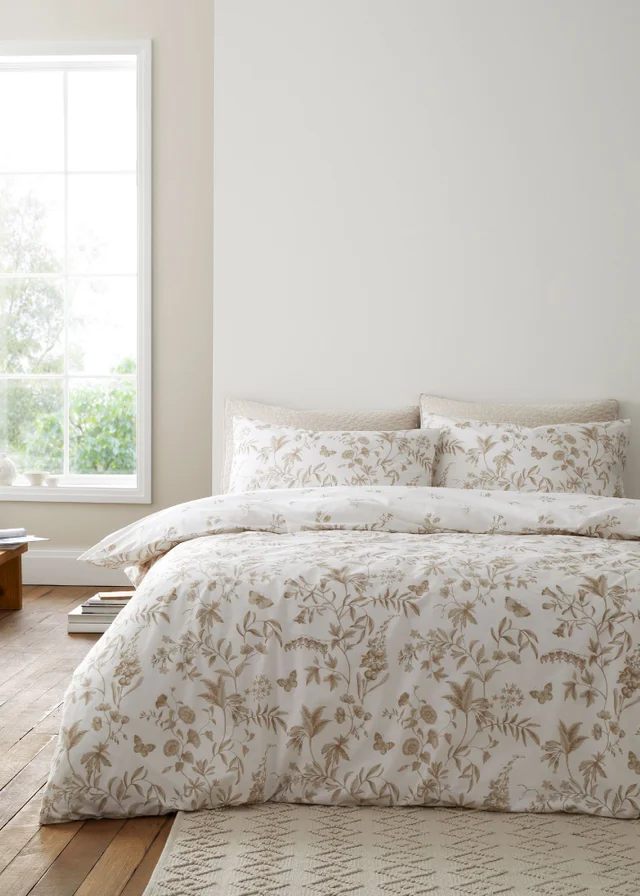 Bianca Fine Linens Thea Floral 200 Thread Count Cotton Reversible Duvet Cover Set Natural
